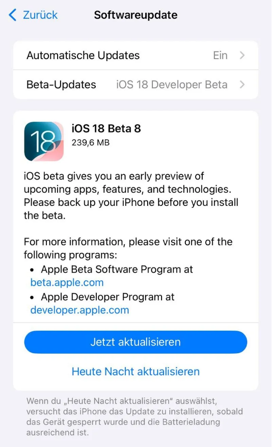 西乌珠穆沁苹果手机维修分享苹果 iOS / iPadOS 18 开发者预览版 Beta 8 发布 